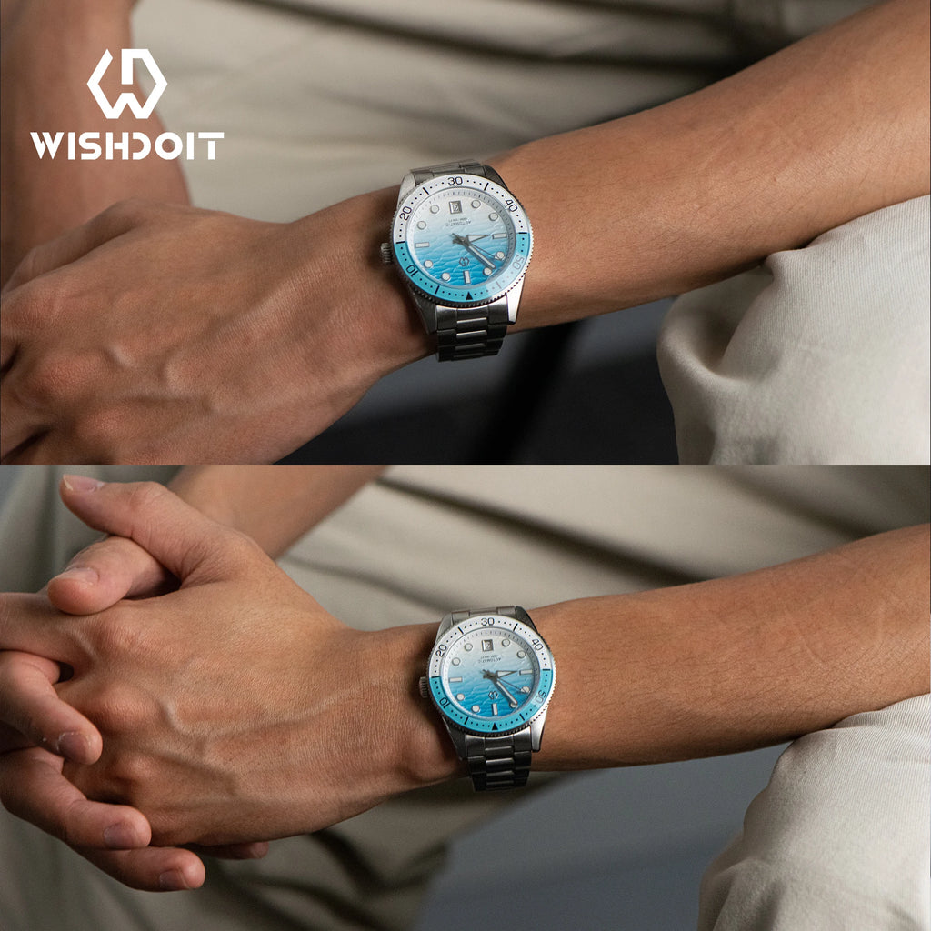 WISHDOIT Men's Automatic Dive Watch With Ocean Blue And White Ripple Dial 8215 Movement Sapphire Glass Mirror