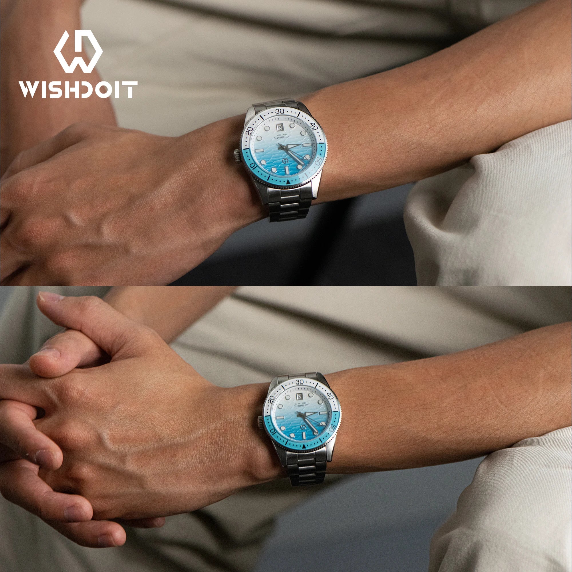 WISHDOIT Men's Automatic Dive Watch With Ocean Blue And White Ripple Dial 8215 Movement Sapphire Glass Mirror