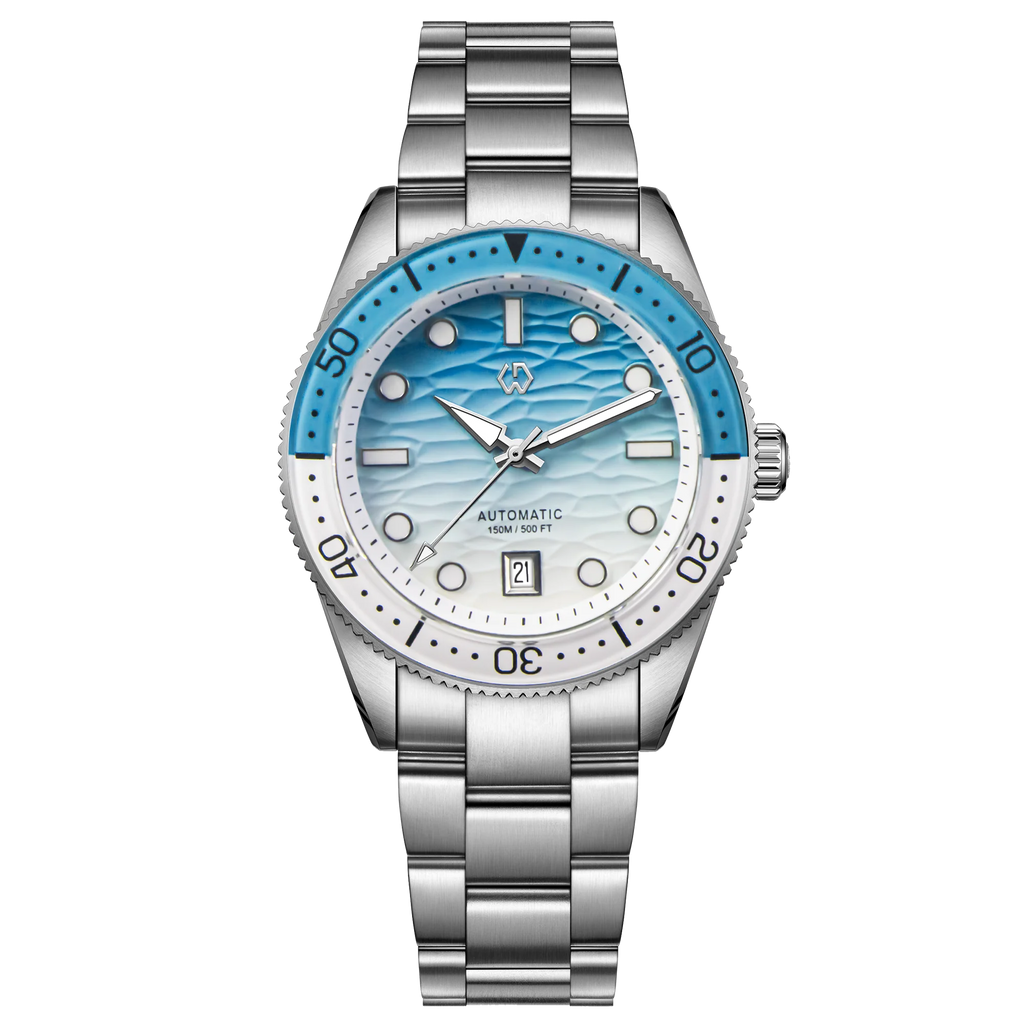 WISHDOIT Men's Automatic Dive Watch With Ocean Blue And White Ripple Dial 8215 Movement Sapphire Glass Mirror