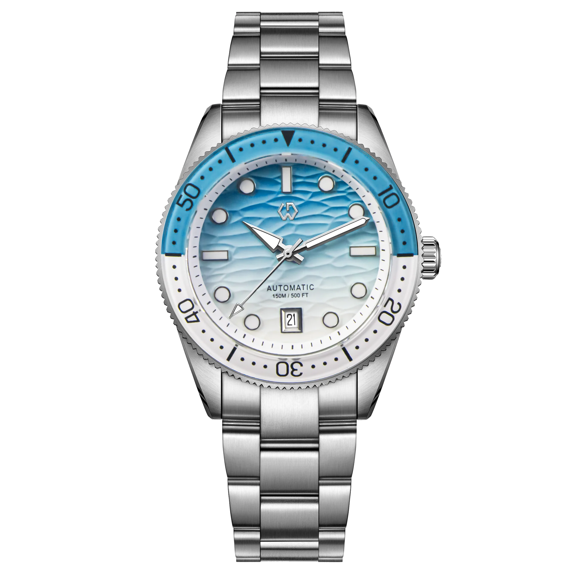 WISHDOIT Men's Automatic Dive Watch With Ocean Blue And White Ripple Dial 8215 Movement Sapphire Glass Mirror