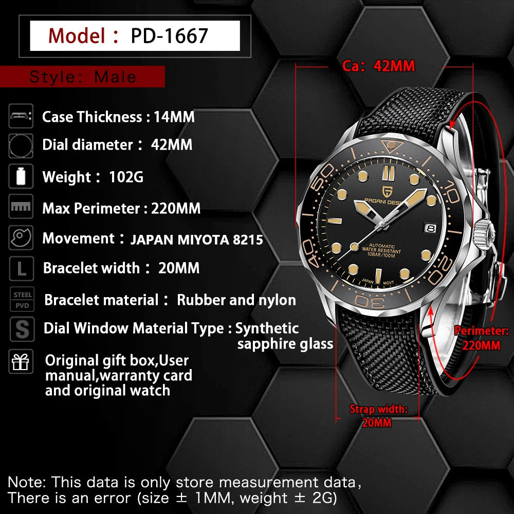 2020 New Pagani Design Men's Mechanical Watch PD-1667 Luxury Men's Automatic Waterproof Sapphire Glass Watch OEM