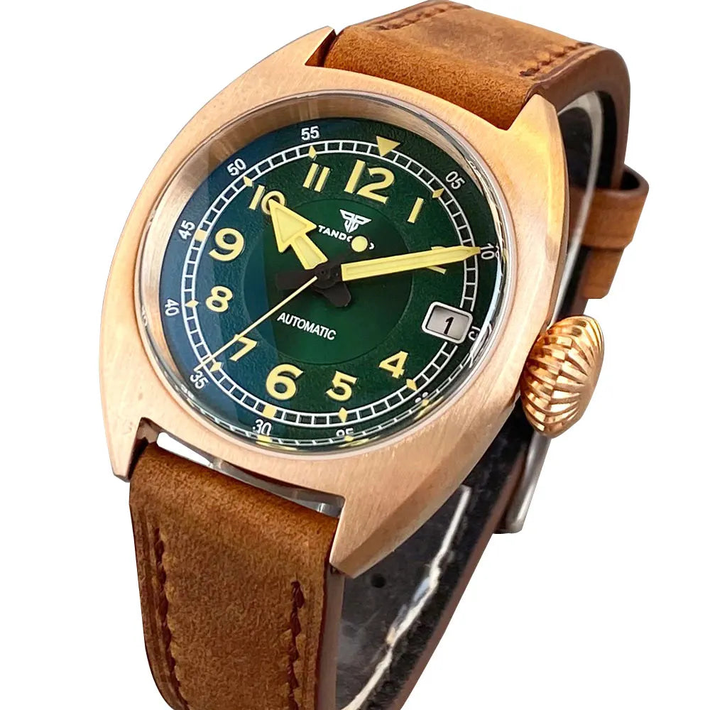 Tandorio CUSN8 Solid Bronze Case NH35A Domed AR Sapphire 36mm Luminous Green Vintage Mechanical Watch Men 20ATM Diving Clock