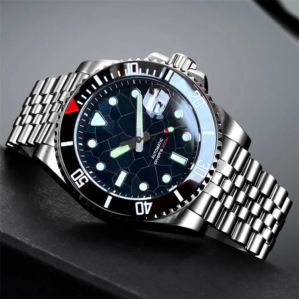 Tandorio 40mm Black White Mother of Pearl Dial Sapphire Glass NH35A Automatic Men Watch Date 20ATM Diver Roating Bezel Luminous