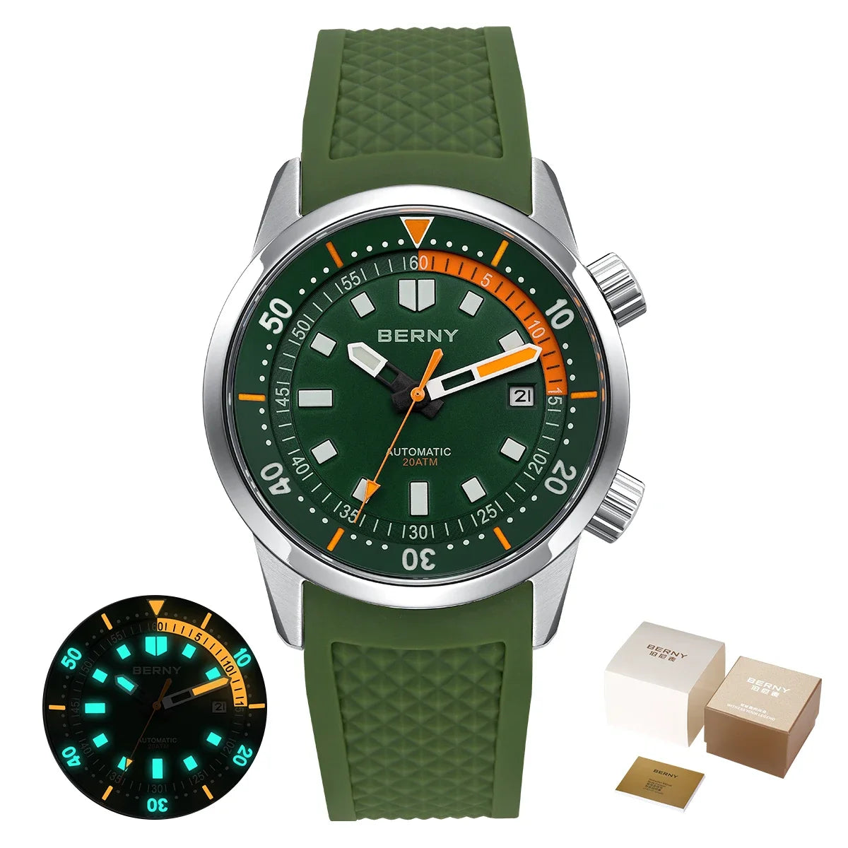BERNY Automatic Diving Watches for Men 20AMT Super Luminous Mechanical Men's Diver Watch Sapphire Full Stainless Steel Dive