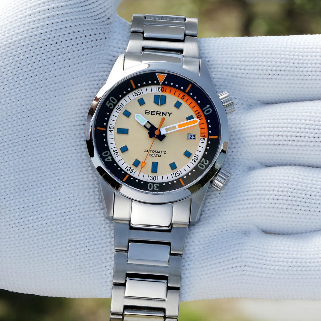 BERNY Automatic Diving Watches for Men 20AMT Super Luminous Mechanical Men's Diver Watch Sapphire Full Stainless Steel Dive