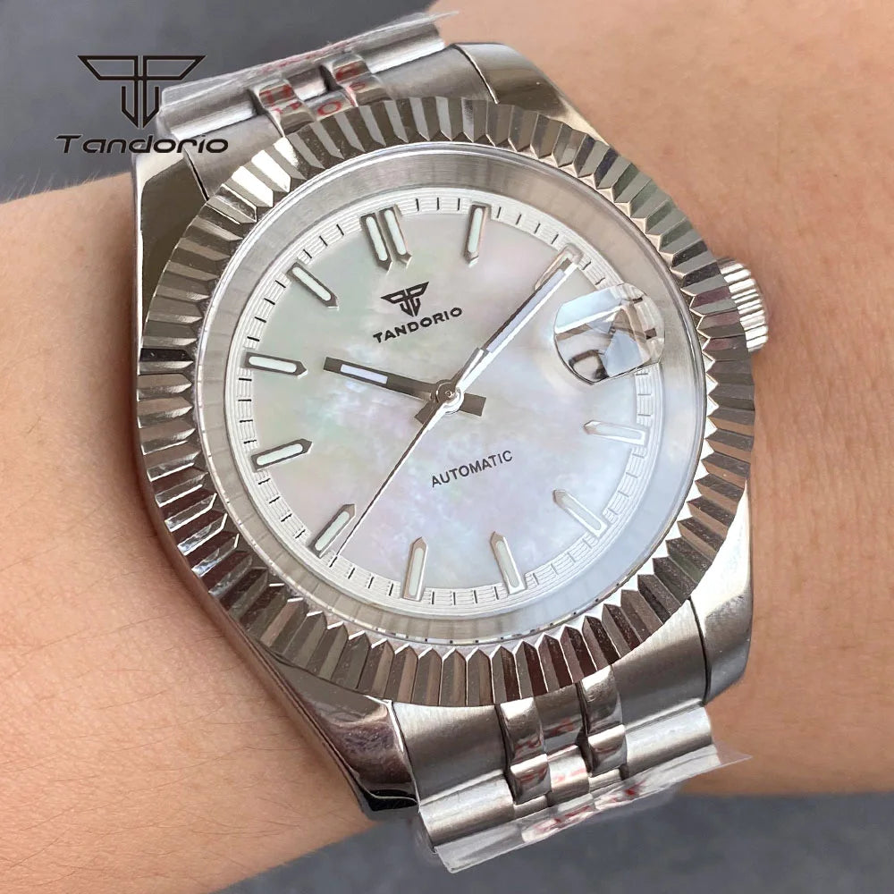 Tandorio 39mm Mechanical NH35 Mother of Pearl Dial Face Stainless Steel Automatic Watch Date Sapphire Men's Wristwatch Luminous