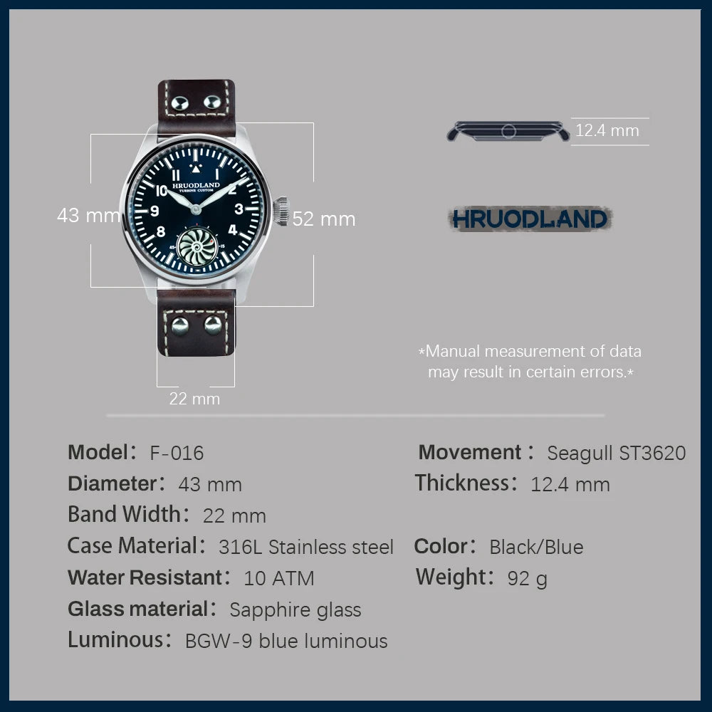 Hruodland 2025 New Men's Mechanical Watch Seagull ST3620 Retro Pilot 43MM Bgw-9 Luminous Sapphire Crystal Turbine Reloj Hombre