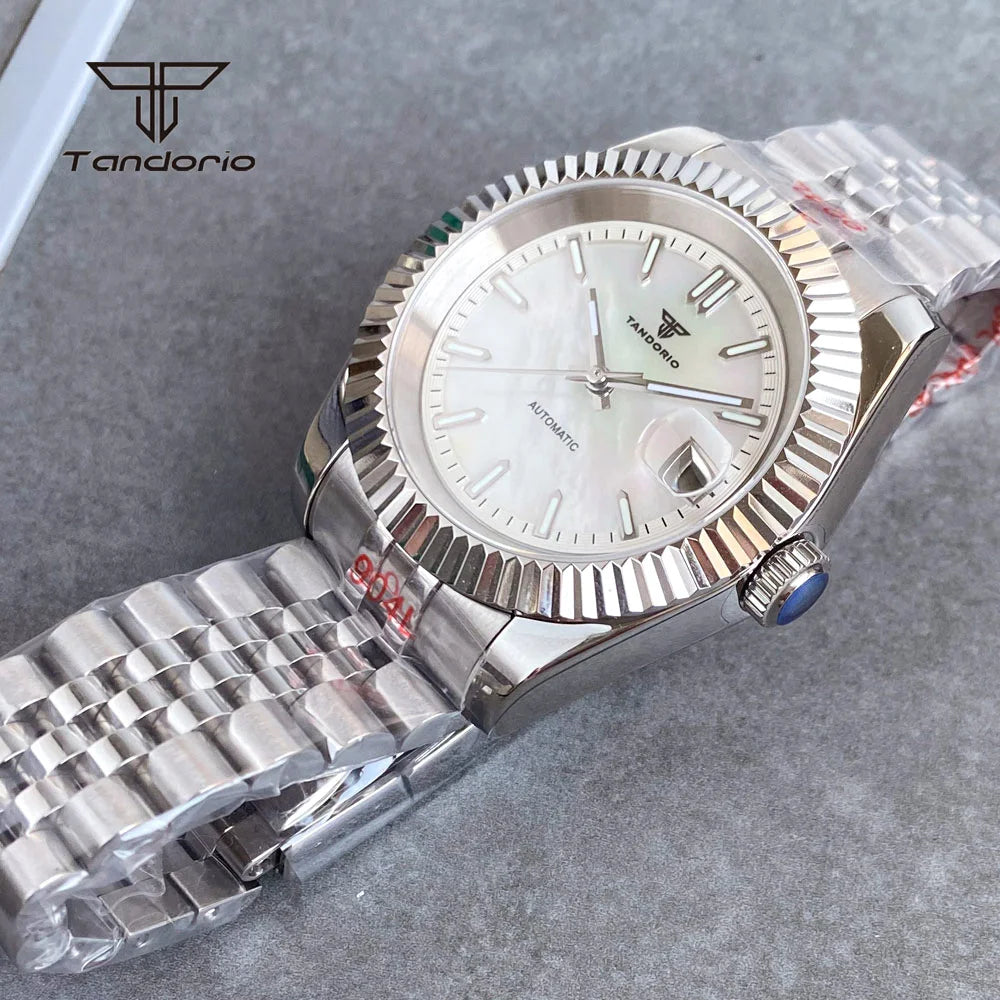 Tandorio 39mm Mechanical NH35 Mother of Pearl Dial Face Stainless Steel Automatic Watch Date Sapphire Men's Wristwatch Luminous