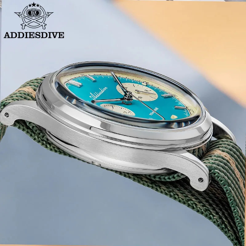 ADDIESDIVE Men's Quartz Chronograph Watch Luminous Bubble Glass 100m Waterproof Nylon Strap Watches For Man AD2095 Fashion Watch