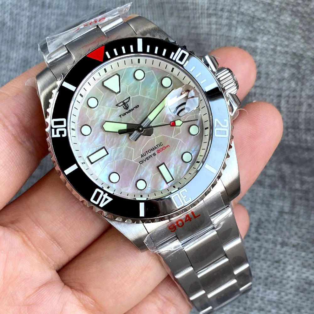 Tandorio 40mm Black White Mother of Pearl Dial Sapphire Glass NH35A Automatic Men Watch Date 20ATM Diver Roating Bezel Luminous