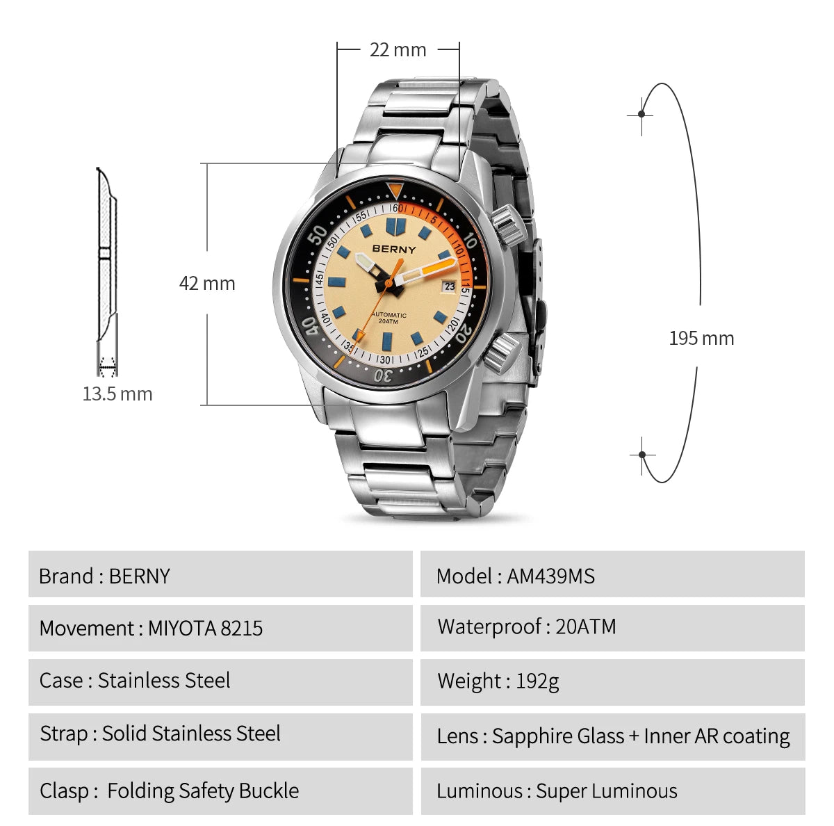 BERNY Automatic Diving Watches for Men 20AMT Super Luminous Mechanical Men's Diver Watch Sapphire Full Stainless Steel Dive