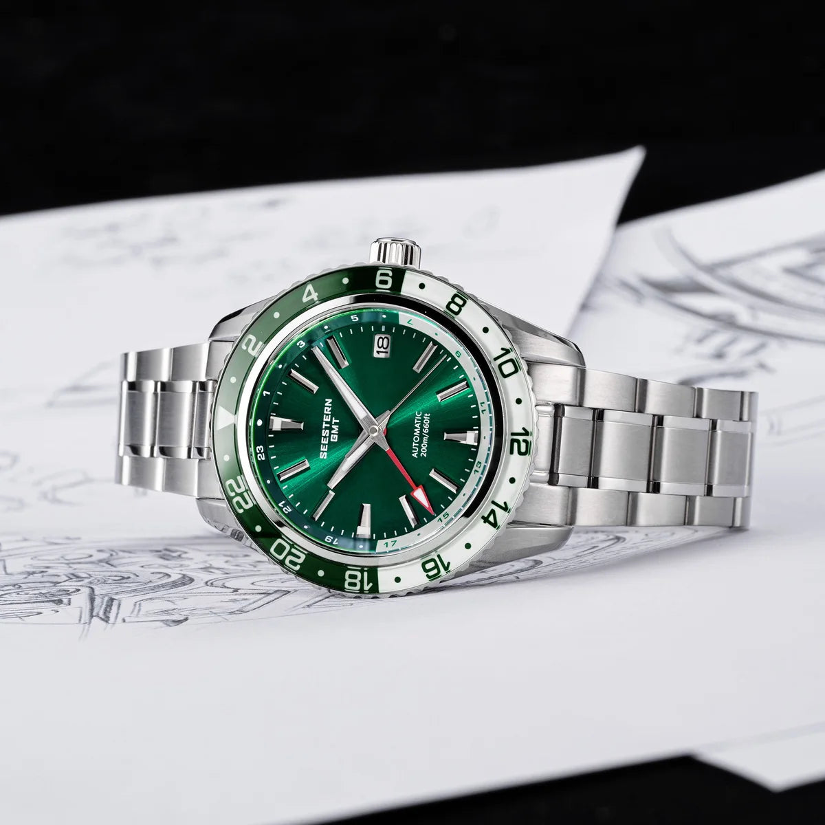 SEESTERN Men of Watch Office GMT Automatic NH34 Movement Sapphire Glass Bezel 20bar Waterproof Diver Mechanical Wristwatch S456