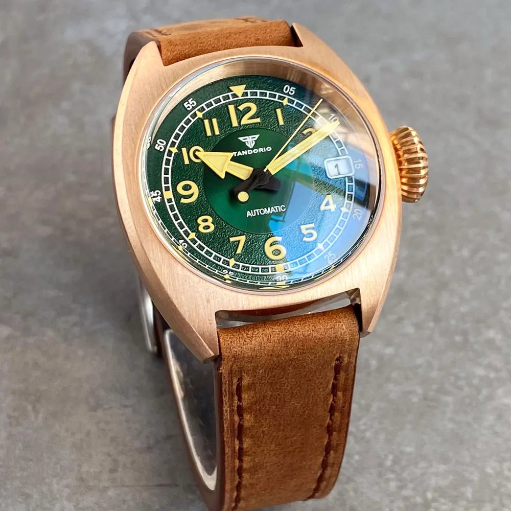 Tandorio CUSN8 Solid Bronze Case NH35A Domed AR Sapphire 36mm Luminous Green Vintage Mechanical Watch Men 20ATM Diving Clock