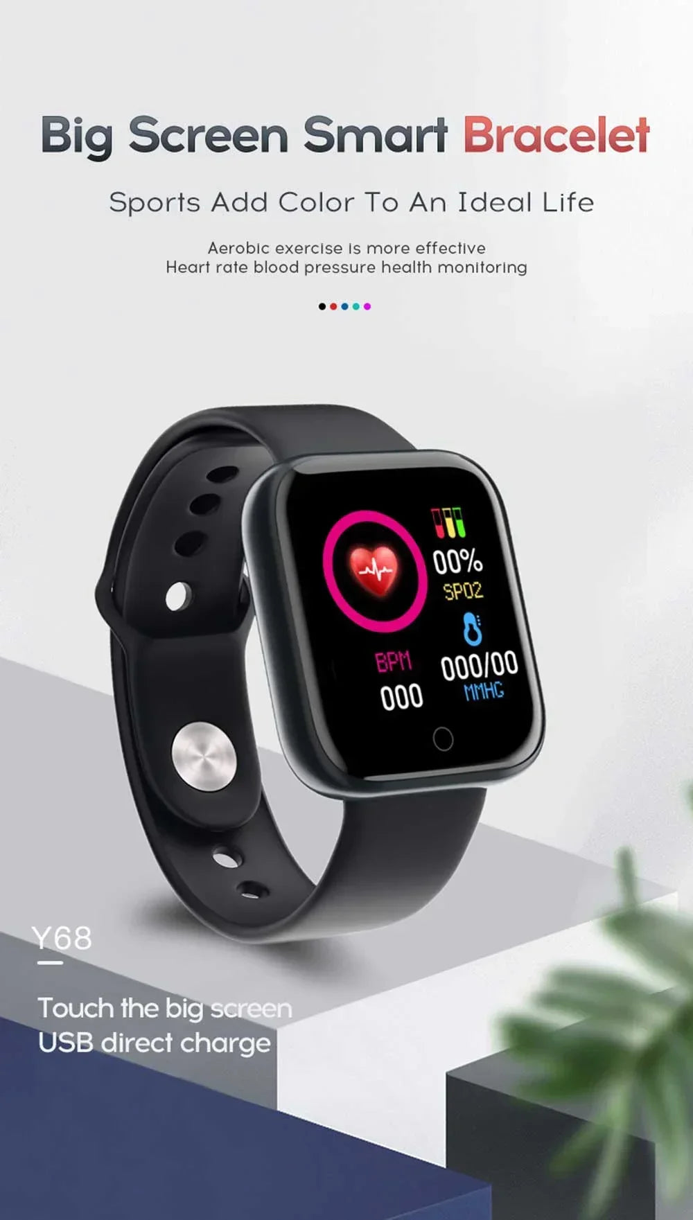 Smart Watch Y68: Color Screen Fitness Tracker w/ Step Count, 12 Sports Modes, Notification Reminder, Camera/Music Remote
