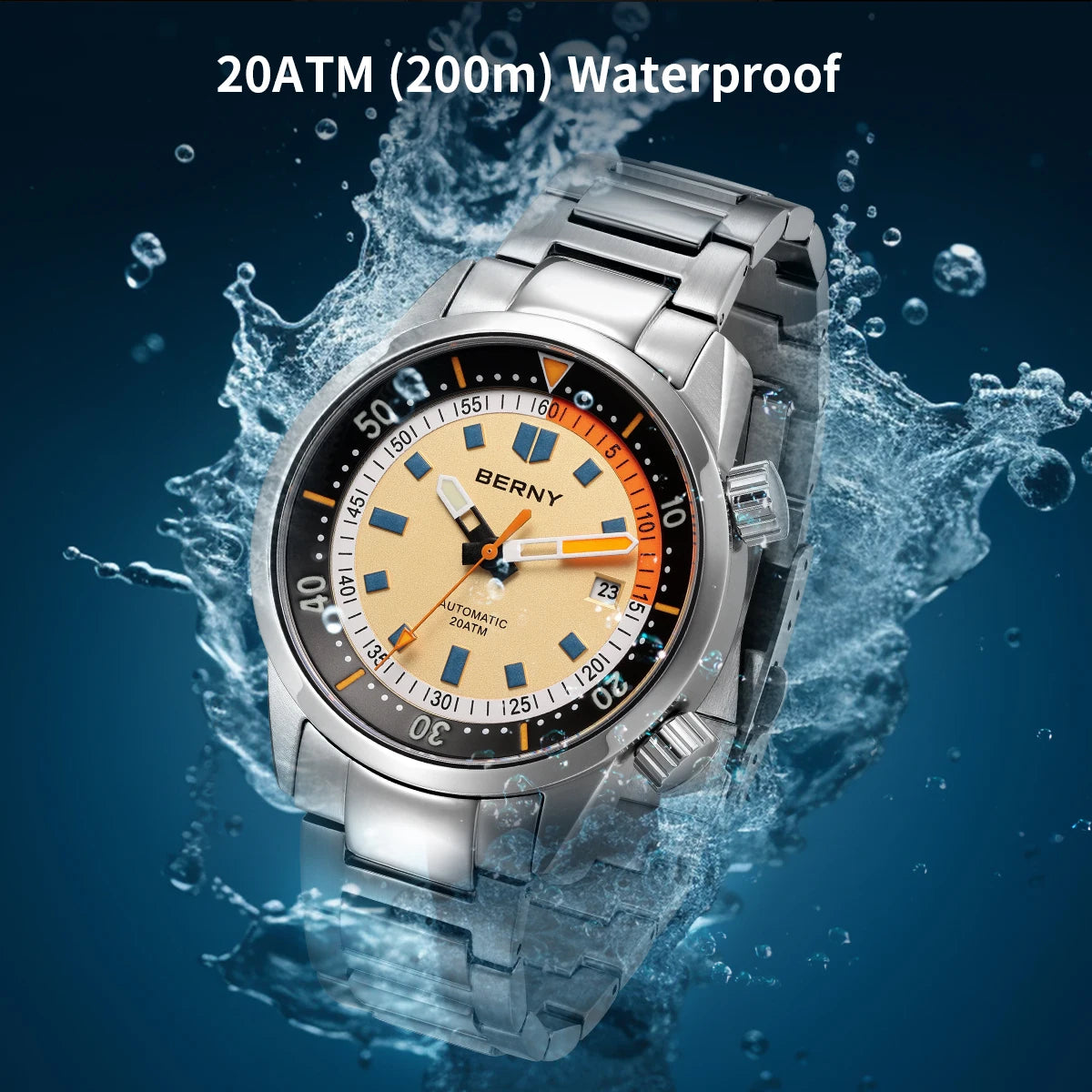 BERNY Automatic Diving Watches for Men 20AMT Super Luminous Mechanical Men's Diver Watch Sapphire Full Stainless Steel Dive