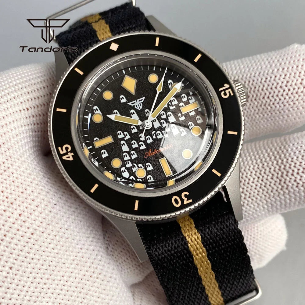 Tandorio Fashion Ghost Dial Luminous 50-Fathoms Style Dive Automatic NH35 Men's Watch Domed Sapphire 20ATM 40mm Sandblasted Case