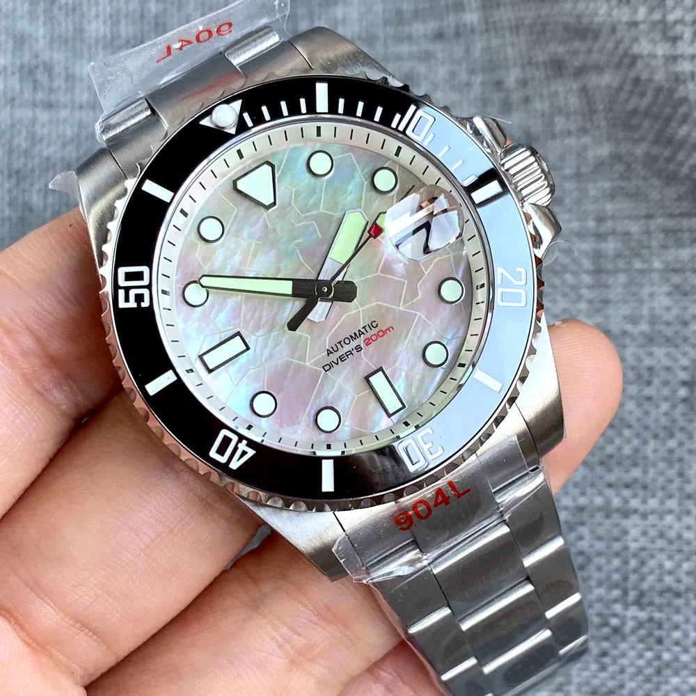 Tandorio 40mm Black White Mother of Pearl Dial Sapphire Glass NH35A Automatic Men Watch Date 20ATM Diver Roating Bezel Luminous