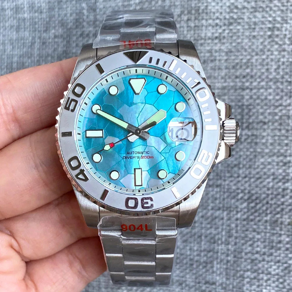 40mm Diver Tandorio MOP Ice Blue Dial NH35 Mechanical Watch Men White Chapter Ring Jubilee Bracelet Cyclops 38mm Insert