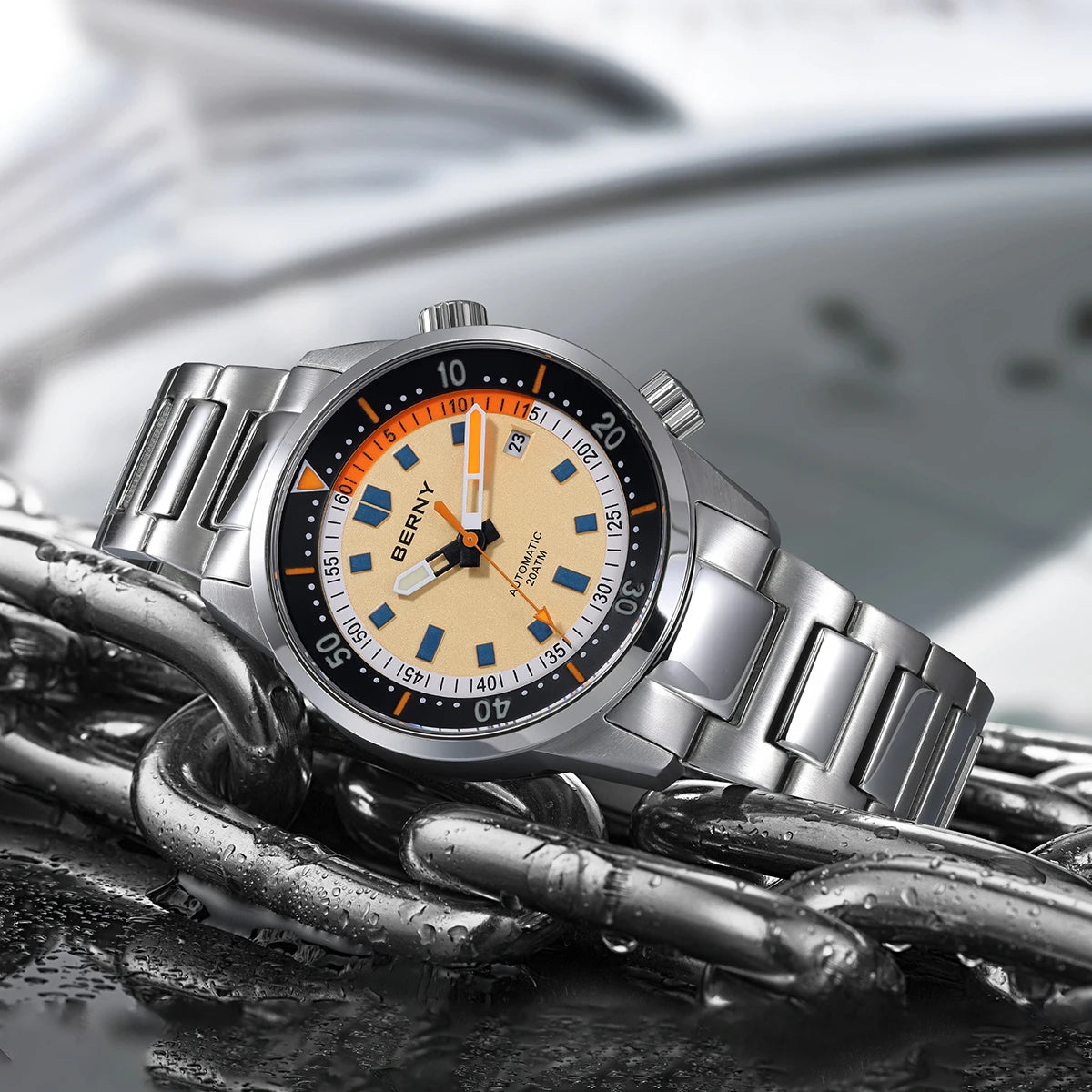 BERNY Automatic Diving Watches for Men 20AMT Super Luminous Mechanical Men's Diver Watch Sapphire Full Stainless Steel Dive