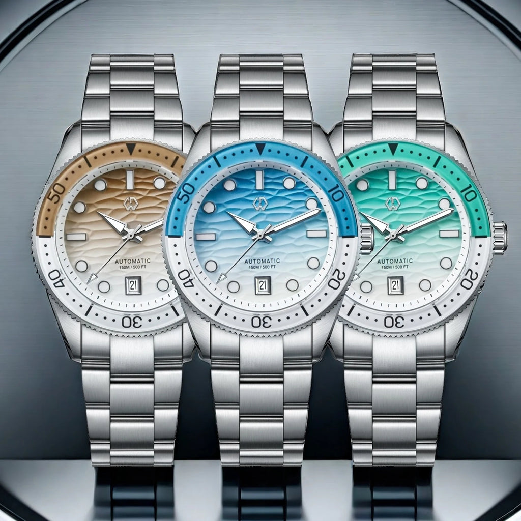 WISHDOIT Men's Automatic Dive Watch With Ocean Blue And White Ripple Dial 8215 Movement Sapphire Glass Mirror