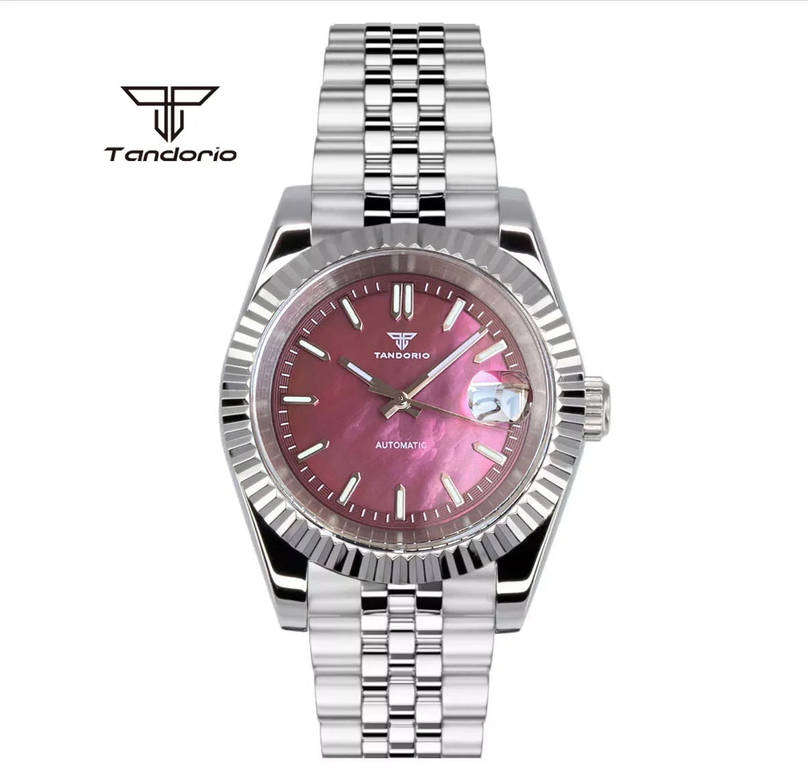 Tandorio 39mm Mechanical NH35 Mother of Pearl Dial Face Stainless Steel Automatic Watch Date Sapphire Men's Wristwatch Luminous