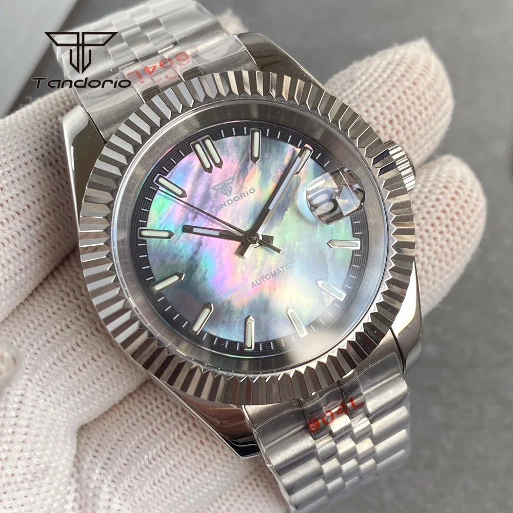 Tandorio 39mm Mechanical NH35 Mother of Pearl Dial Face Stainless Steel Automatic Watch Date Sapphire Men's Wristwatch Luminous