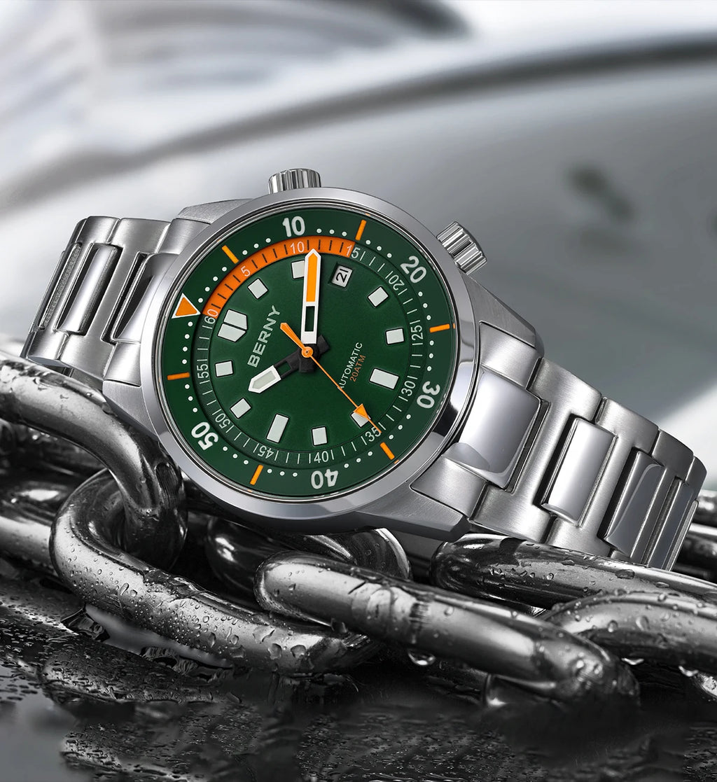 BERNY Automatic Diving Watches for Men 20AMT Super Luminous Mechanical Men's Diver Watch Sapphire Full Stainless Steel Dive