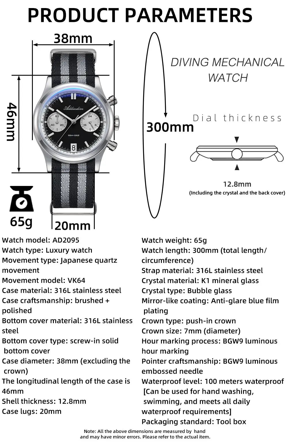ADDIESDIVE Men's Quartz Chronograph Watch Luminous Bubble Glass 100m Waterproof Nylon Strap Watches For Man AD2095 Fashion Watch