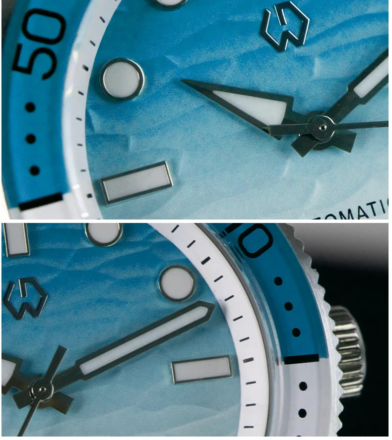 WISHDOIT Men's Automatic Dive Watch With Ocean Blue And White Ripple Dial 8215 Movement Sapphire Glass Mirror