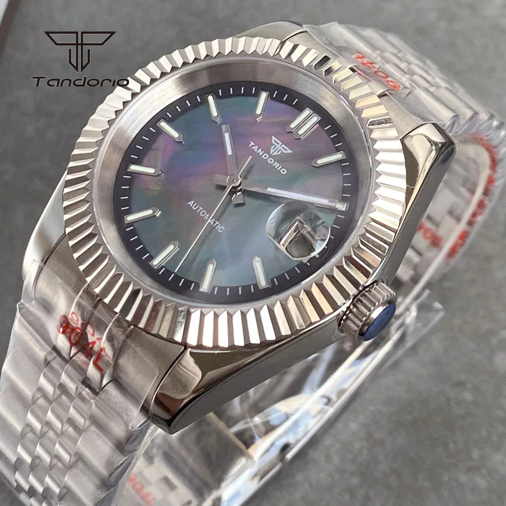 Tandorio 39mm Mechanical NH35 Mother of Pearl Dial Face Stainless Steel Automatic Watch Date Sapphire Men's Wristwatch Luminous