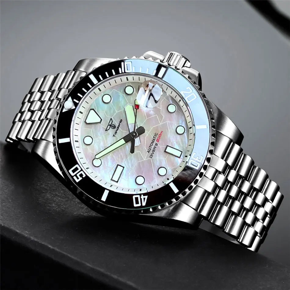 Tandorio 40mm Black White Mother of Pearl Dial Sapphire Glass NH35A Automatic Men Watch Date 20ATM Diver Roating Bezel Luminous