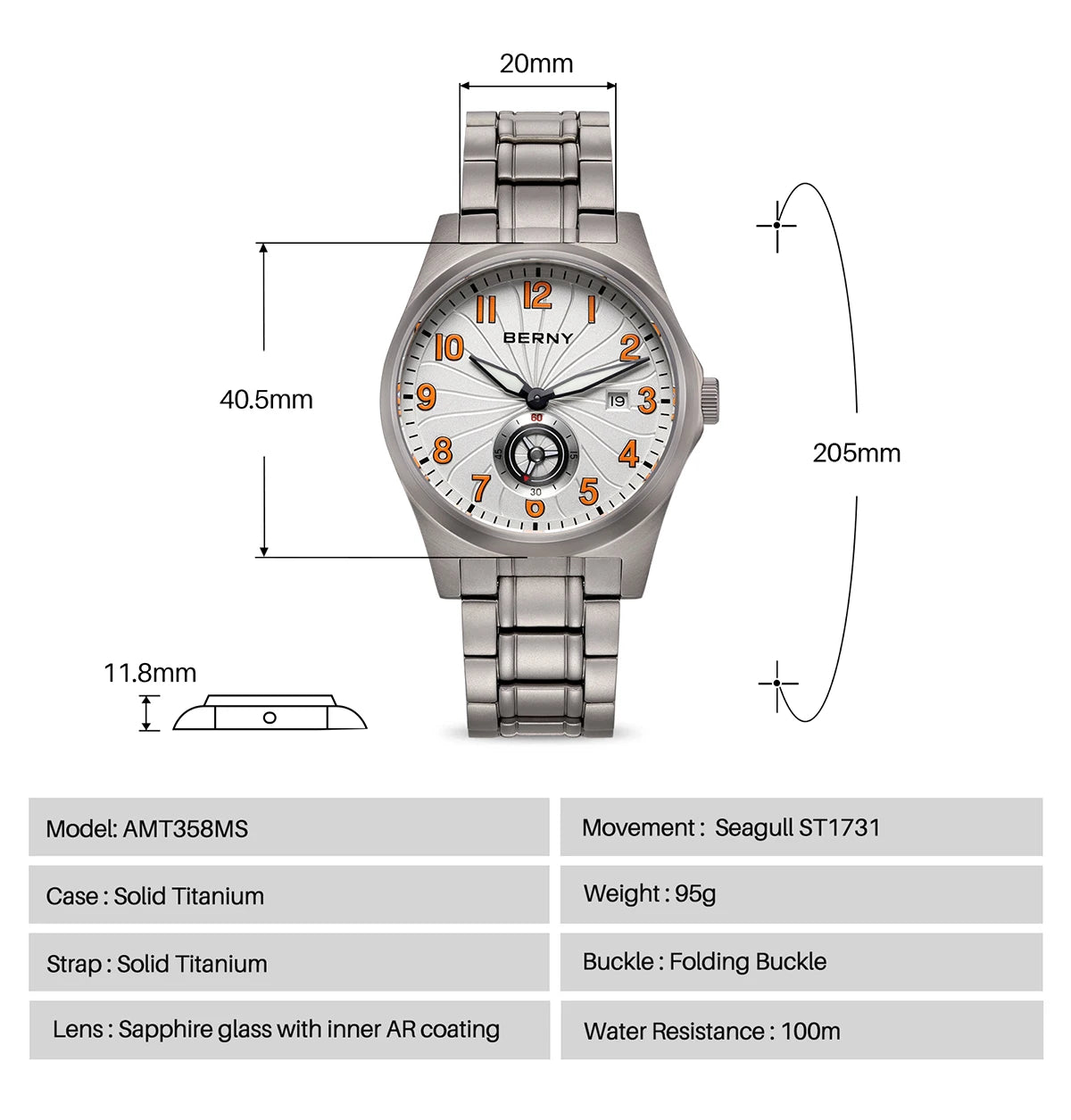 BERNY Full Titanium Automatic Men Watch Super Luminous Mechanical Wristwatch with 10ATM Waterproof Sapphire ST1731 Men Watches