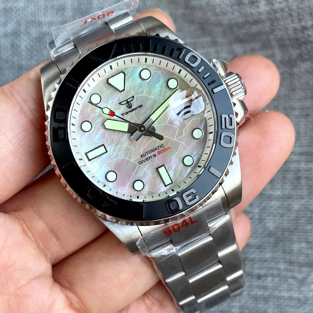 Tandorio 40mm Black White Mother of Pearl Dial Sapphire Glass NH35A Automatic Men Watch Date 20ATM Diver Roating Bezel Luminous