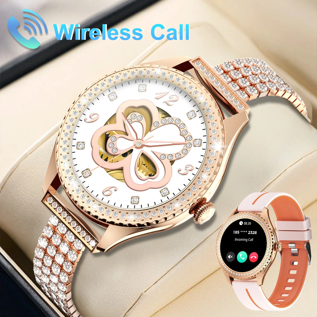 smartwatch for women supports wireless calls, over 100 sports modes and fitness tracking. It features music contr