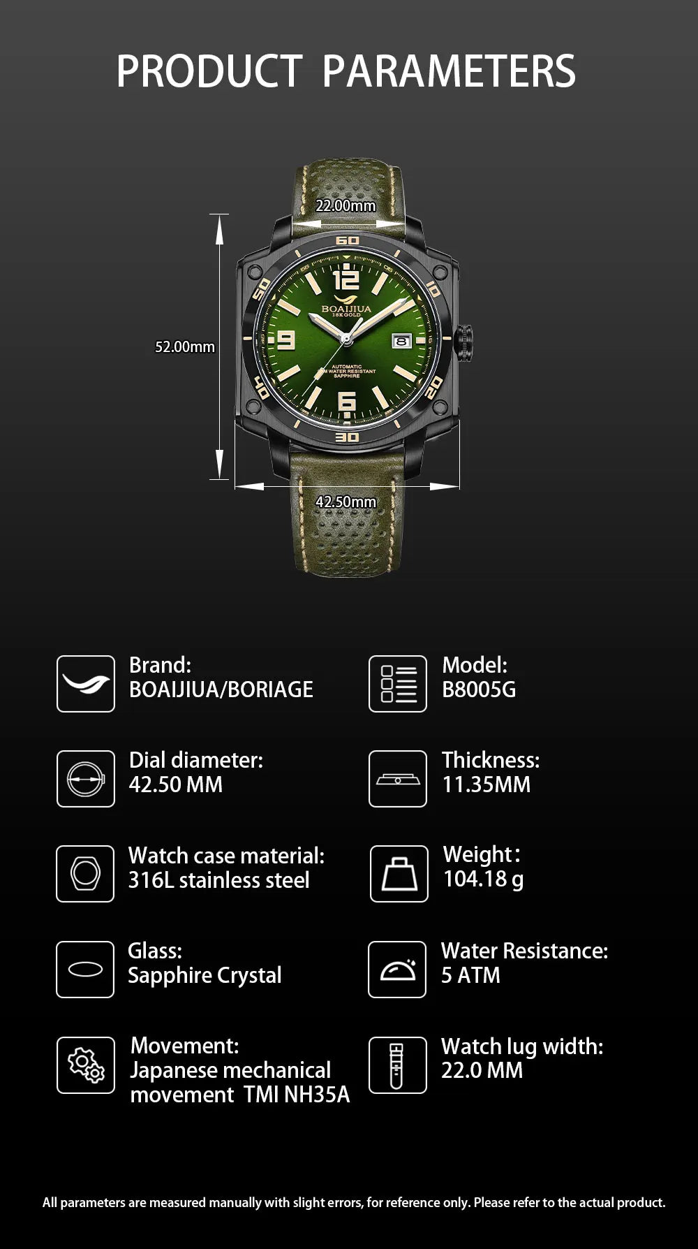BOAIJIUA Fully Automatic Mechanical Men's Watch Original Design Mechanical Watches 50m Waterproof Luminous Wristwatch for Men