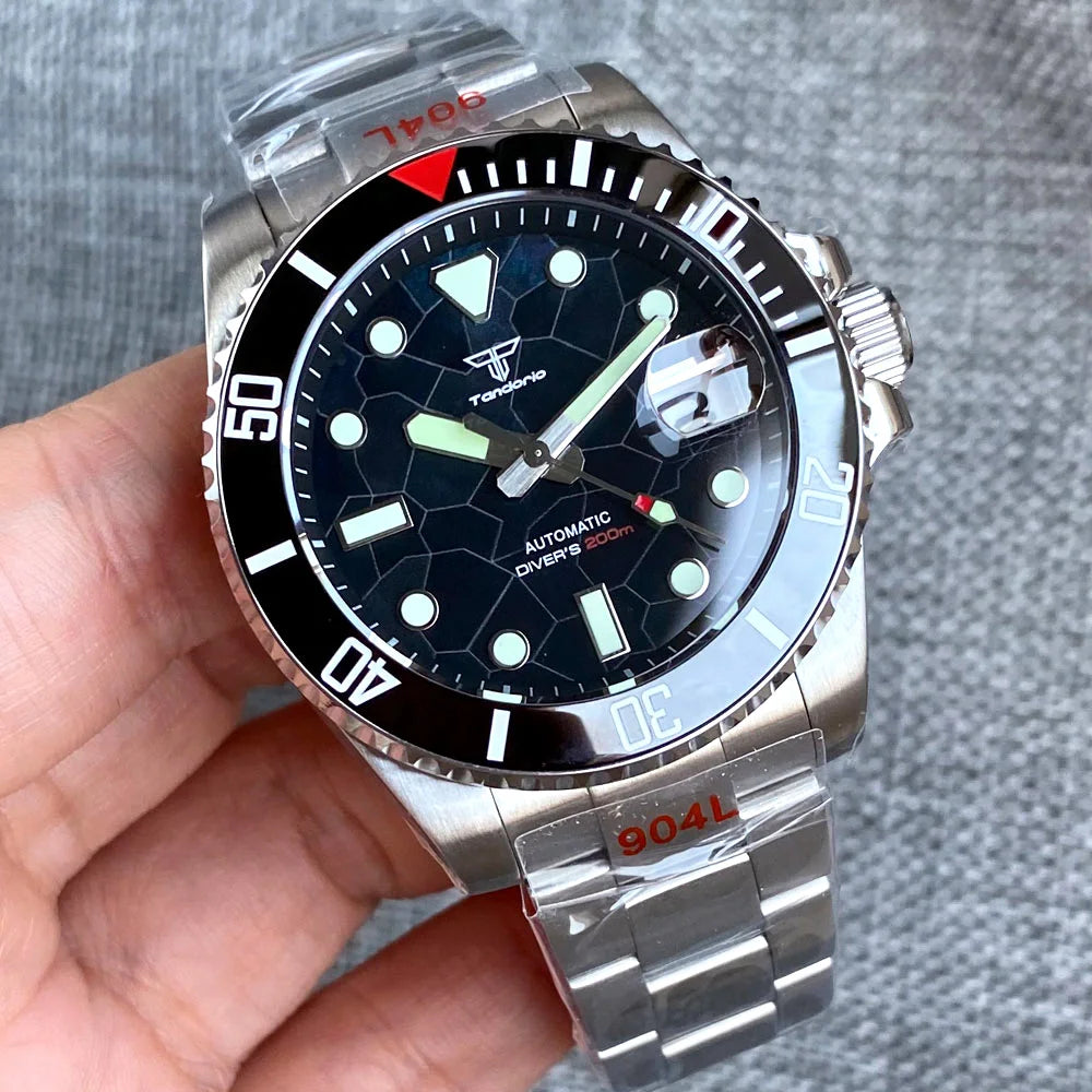 Tandorio 40mm Black White Mother of Pearl Dial Sapphire Glass NH35A Automatic Men Watch Date 20ATM Diver Roating Bezel Luminous