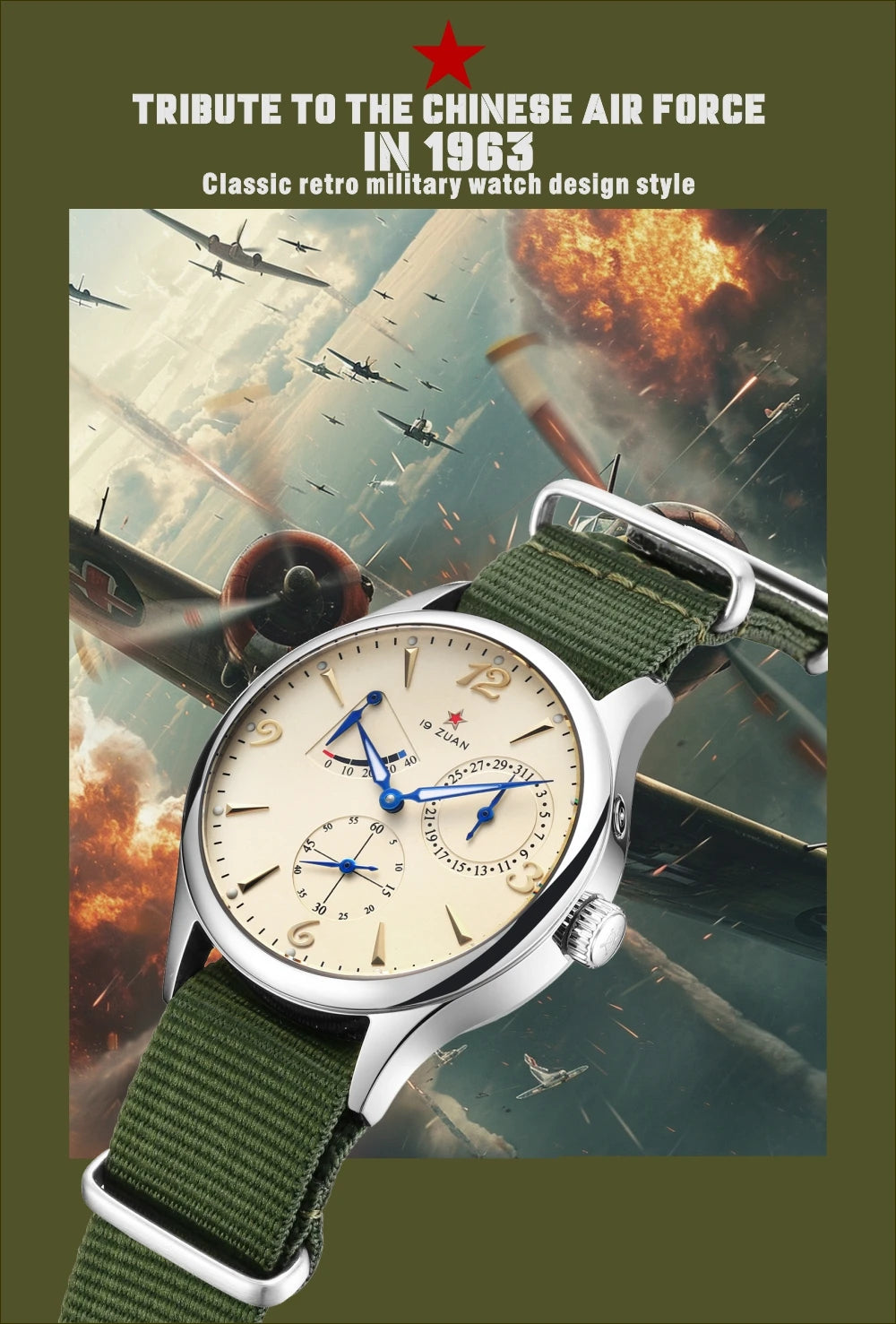 New 1963 40mm Mens Pilot Automatic Mechanical Watch Seagull ST17 Sapphire Crystal Waterproof Retro Style