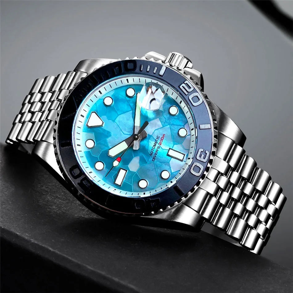 40mm Diver Tandorio MOP Ice Blue Dial NH35 Mechanical Watch Men White Chapter Ring Jubilee Bracelet Cyclops 38mm Insert