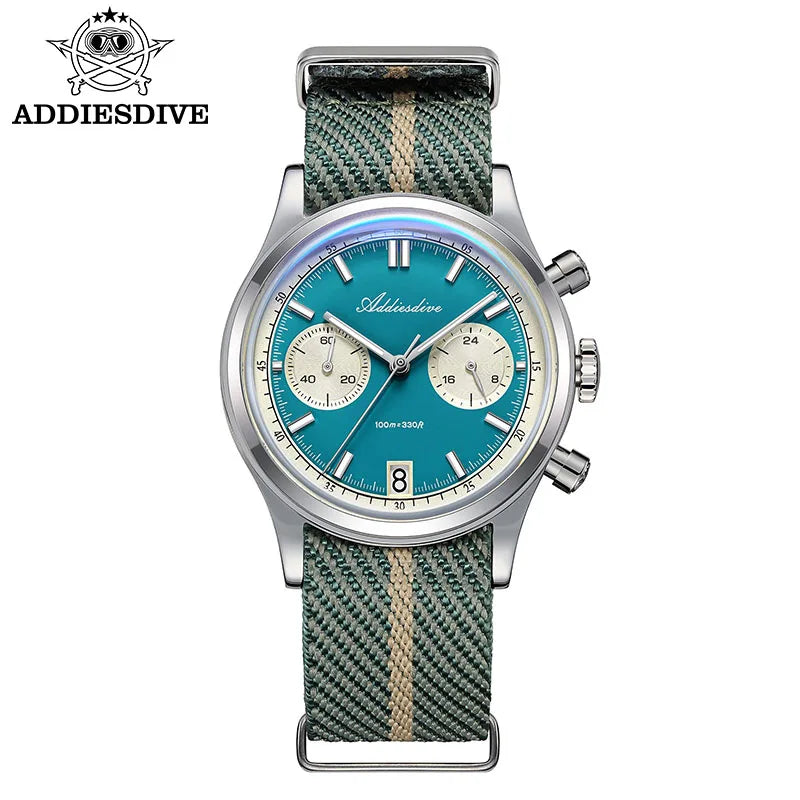 ADDIESDIVE Men's Quartz Chronograph Watch Luminous Bubble Glass 100m Waterproof Nylon Strap Watches For Man AD2095 Fashion Watch