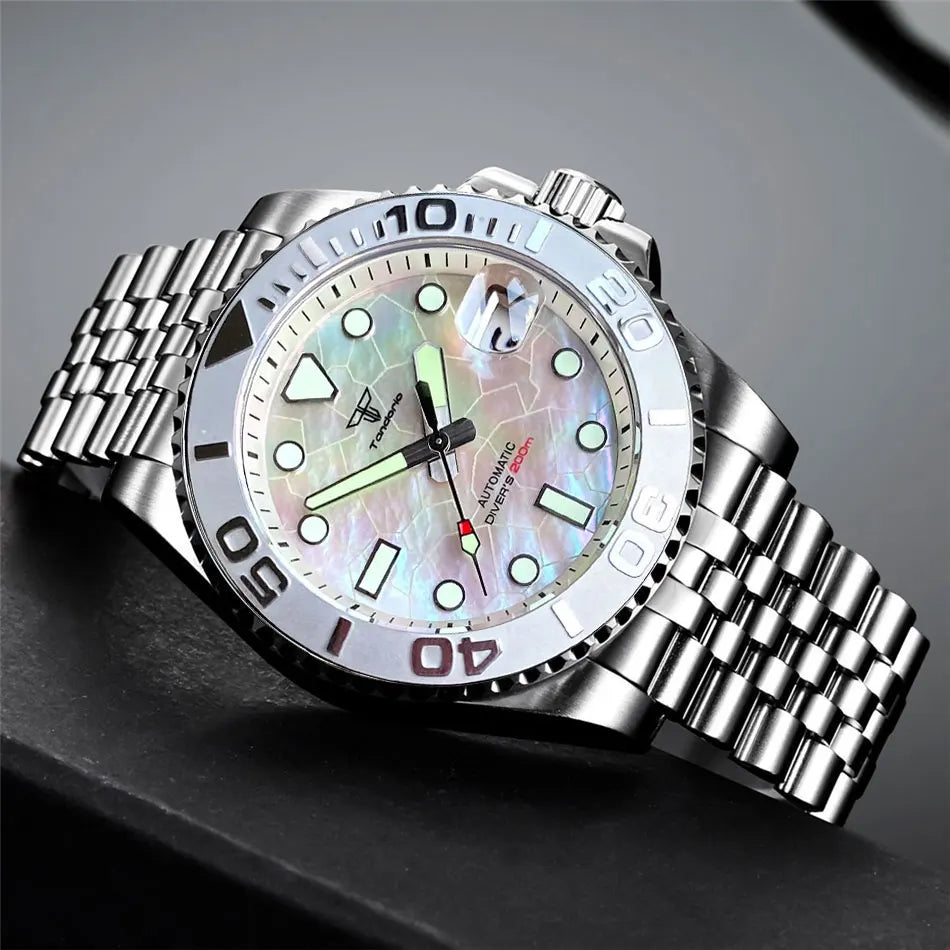 Tandorio 40mm Black White Mother of Pearl Dial Sapphire Glass NH35A Automatic Men Watch Date 20ATM Diver Roating Bezel Luminous