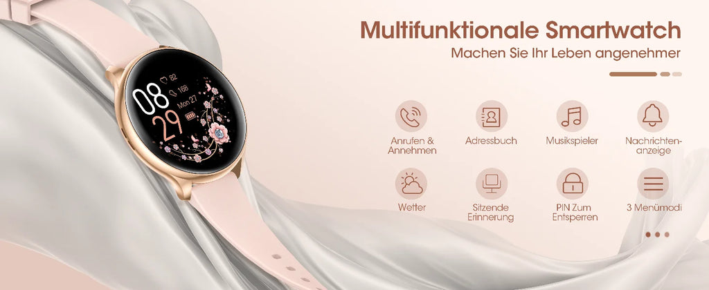 Smart watch for women with phone function, 1.39 inch HD full touch screen with monitor, menstrual cycle, sleep monitoring, pedom