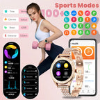 smartwatch for women supports wireless calls, over 100 sports modes and fitness tracking. It features music contr