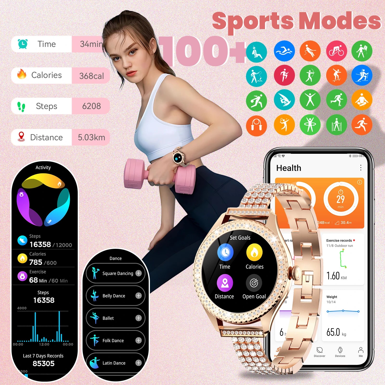 smartwatch for women supports wireless calls, over 100 sports modes and fitness tracking. It features music contr