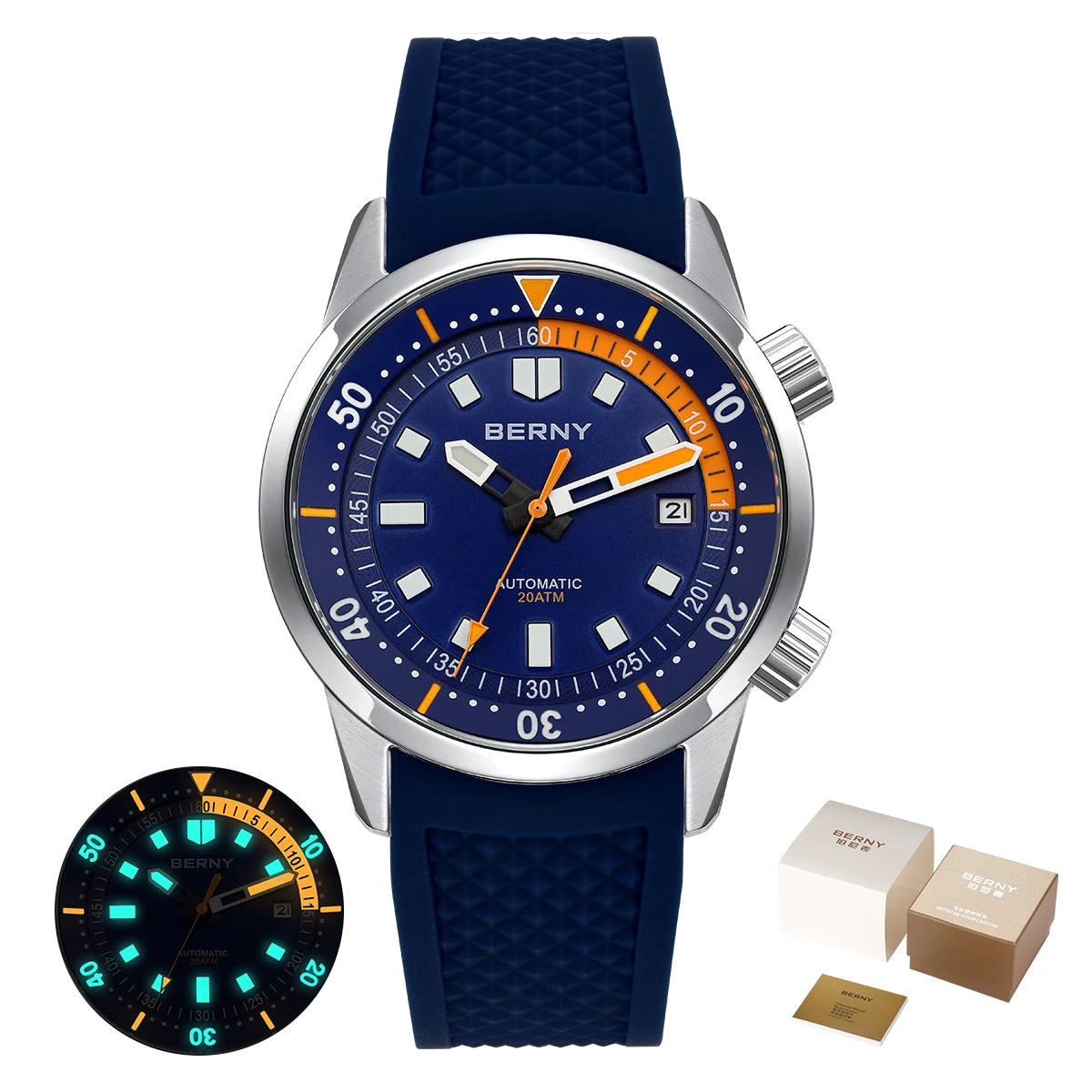 BERNY Automatic Diving Watches for Men 20AMT Super Luminous Mechanical Men's Diver Watch Sapphire Full Stainless Steel Dive