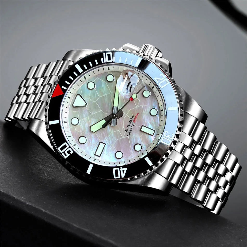 Tandorio 40mm Black White Mother of Pearl Dial Sapphire Glass NH35A Automatic Men Watch Date 20ATM Diver Roating Bezel Luminous