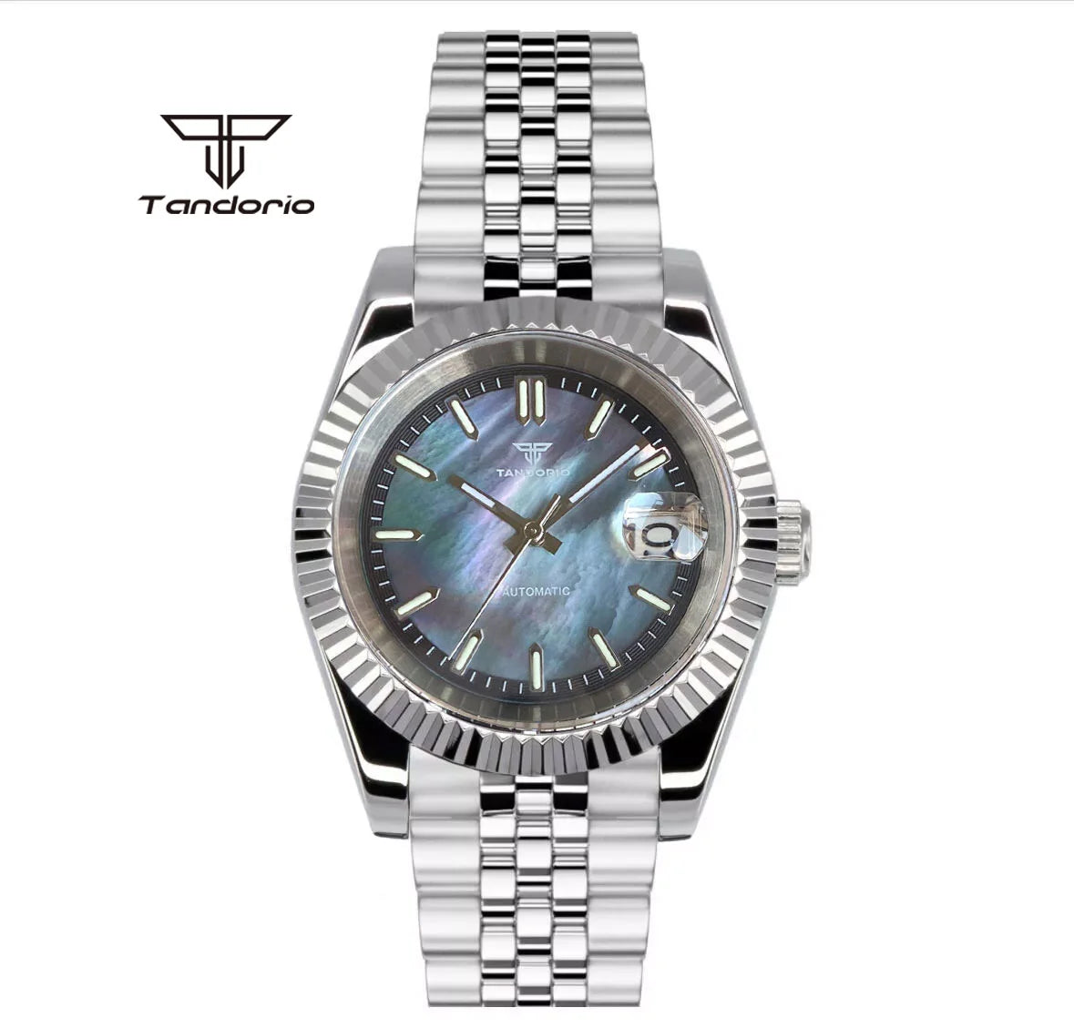 Tandorio 39mm Mechanical NH35 Mother of Pearl Dial Face Stainless Steel Automatic Watch Date Sapphire Men's Wristwatch Luminous