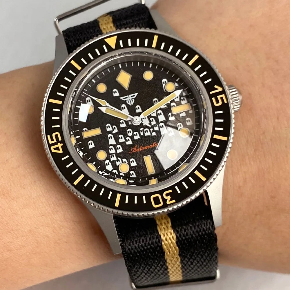 Tandorio NEW 50 Fathoms Automatic Watch for Men Luminous Ghost Dial NH35A Movt 200m Waterproof Bubble Sapphire Glass Sandblasted