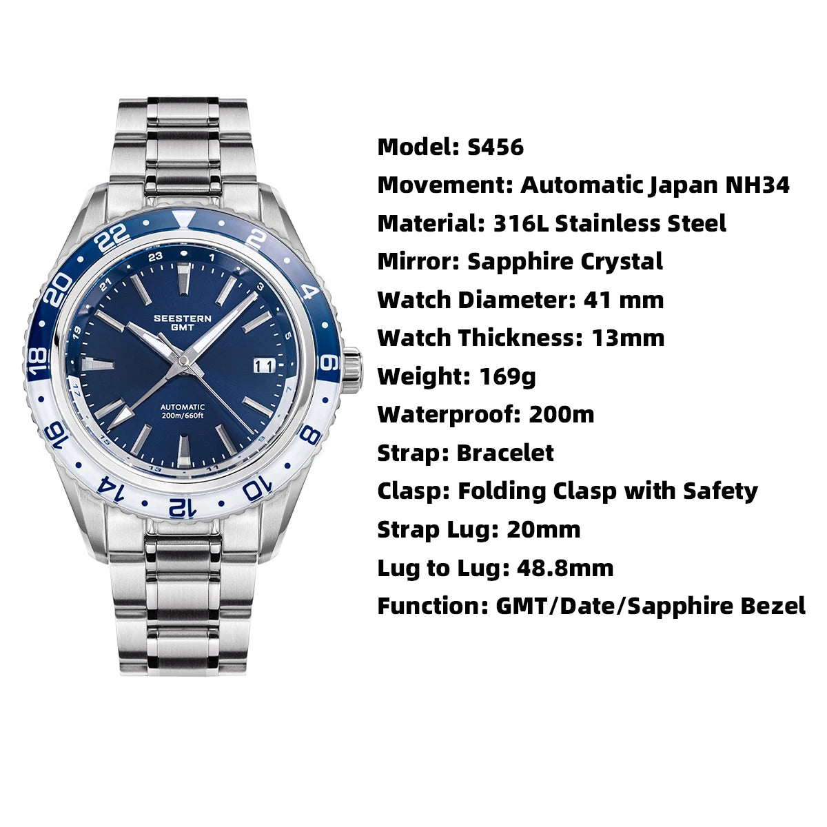 SEESTERN Men of Watch Office GMT Automatic NH34 Movement Sapphire Glass Bezel 20bar Waterproof Diver Mechanical Wristwatch S456