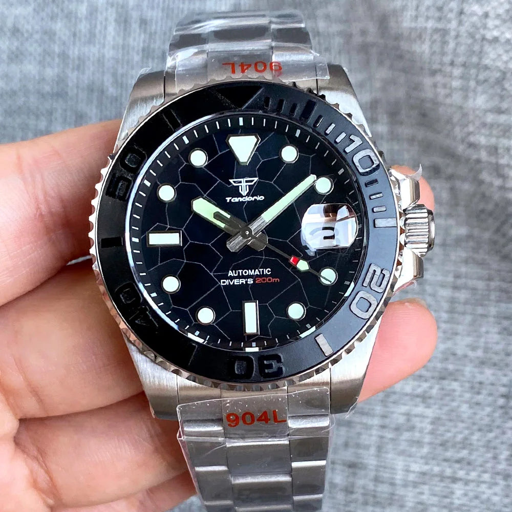 Tandorio 40mm Black White Mother of Pearl Dial Sapphire Glass NH35A Automatic Men Watch Date 20ATM Diver Roating Bezel Luminous