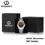 WISHDOIT 2025 New NH34 Men's Sports Automatic Mechanical GMT Sapphire Stainless Steel Waterproof 15 ATM With Rubber Strap